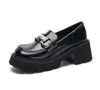 Women's Non-Slip Work Shoes 6.5CM Chunky High Heel Platform Loafers Round Toe Easy Slip-on for Long Standing & Walking Anti-Fatigue Leather,Black,6 UK