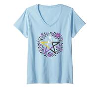 Womens Nonbinary Pentagram Wiccan Pagan Enby NB Pride Flag Boho V-Neck T-Shirt