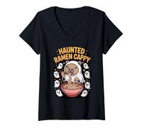 Womens Noodle Party Capybara Halloween Haunted Ramen Boo Cappy V-Neck T-Shirt
