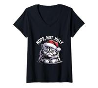 Womens Nope Not Jolly Funny Grumpy Christmas Cat Xmas Art V-Neck T-Shirt