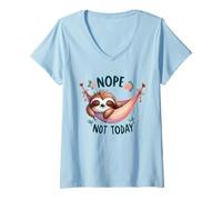 Women's Nope Not Today Cute Sleepy Sloth in Hammock V-Neck T-Shirt