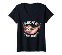 Women's Nope Not Today Cute Sleepy Sloth in Hammock V-Neck T-Shirt
