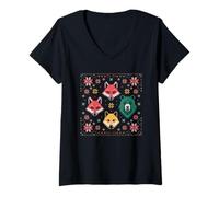 Womens Nordic Folk Art Fox & Bear Cross Stitch Style V-Neck T-Shirt