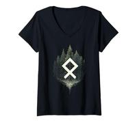 Womens Nordic Rune Odin Othala Symbol Mystical Forest Viking V-Neck T-Shirt