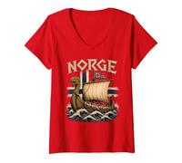 Women's Norge Viking Ship Norway Flag Scandinavian Heritage Red V-Neck T-Shirt