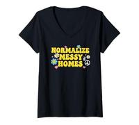 Womens Normalize Messy Homes Retro Groovy Chaos Vibes V-Neck T-Shirt