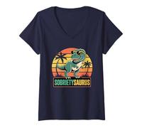 Womens Normalize Sobriety Saurus T-Rex My Sober AA Mode On Est 2025 V-Neck T-Shirt