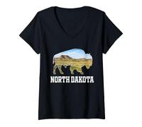 Women's North Dakota Bison Landscape Wildlife Prairie V-Neck T-Shirt