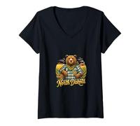 Women's North Dakota Farm Bear Prairie Harvest Vibes V-Neck T-Shirt