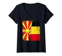 Womens North Macedonia Belgium Half Flag Macedonian Belgian Jersey V-Neck T-Shirt