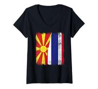 Womens North Macedonia Thailand Half Flag Macedonian Thai Roots V-Neck T-Shirt