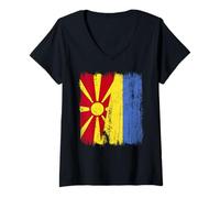 Womens North Macedonia Ukraine Half Flag North Macedonian Ukrainian V-Neck T-Shirt