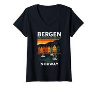 Womens Norway Bergen Bryggen Norwegian Architecture Oslo Retro V-Neck T-Shirt