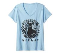 Womens Norway Souvenir Deer Folk Art Scandinavian Art Lino Cut V-Neck T-Shirt
