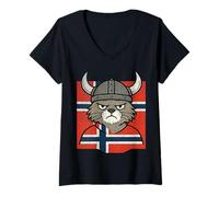 Womens Norwegian Cat Viking Norway Flag Nordic Mythology Norse V-Neck T-Shirt