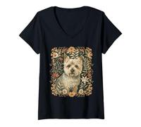 Women's Norwich Terrier William Morris Style Floral V-Neck T-Shirt