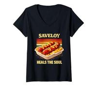Women's Nostalgic British Chippy Food Saveloy Heals The Soul V-Neck T-Shirt