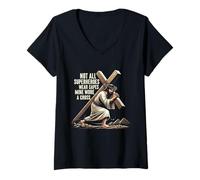 Womens Not All Superhero Wear Capes Mine Wore Cross Jesus Easter V-Neck T-Shirt