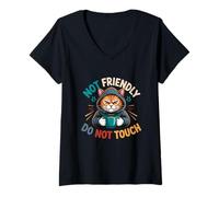 Women's Not Friendly Do No Touch Angry Cat Coffee Hoodie Animal V-Neck T-Shirt