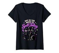 Women's Not in the Mood to Spell Today Black Cat Witchy Humor V-Neck T-Shirt