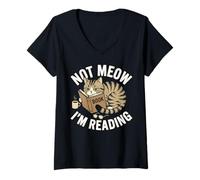Women's Not Meow Im Reading Grumpy Looking Cat Book Lover Funny Art V-Neck T-Shirt