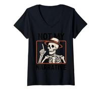 Womens Not My Narrative Skeleton Pointing Hat Style Spooky V-Neck T-Shirt