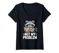 Women's Not My Problem Angry Raccoon Funny Sarcastic Mood V-Neck T-Shirt