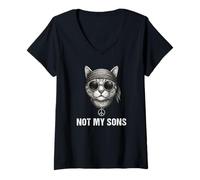 Womens Not My Sons Cat Peace Sign Bandana US Flag Cat Parents V-Neck T-Shirt