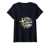 Womens Not Perfect Just Forgiven Cross Flower Motif V-Neck T-Shirt