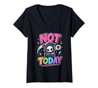 Women's Not Today Cute Sarcastic Grim Reaper Pastel Goth V-Neck T-Shirt