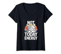 Women's Not Today Energy Funny Lazy Cat Retro Sunset V-Neck T-Shirt