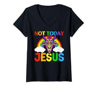 Womens Not Today Jesus Evil Goat Design with Rainbow and Clouds V-Neck T-Shirt