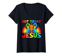 Womens Not Today Jesus Rainbow Skull Pride Satire Statement V-Neck T-Shirt