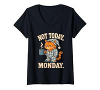 Women's Not Today Monday Grumpy Kitty Coffee Funny Cat Morning Humor V-Neck T-Shirt