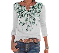 Women's Notch Neck Floral Print Long Sleeve Top - White Basic T-Shirt for Ladies UK