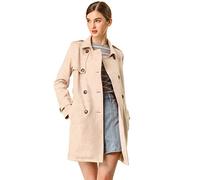 Women's Notched Lapel Double Breasted Faux Suede Trench Coat Jacket with Belt, Apricot, M