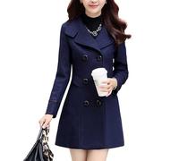 Women's Notched Lapel Double Breasted Long Wool Pea Coats Fall Winter Warm Trench Coat Overcoat Outerwear, Blue-1, XXL