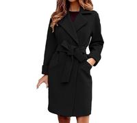 Women's Notched Lapel Mid-Long Wool Coats with Belt Fall Winter Long Trench Coat Elegant Slim Overcoat for Women, Black, S