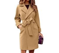 Women's Notched Lapel Mid-Long Wool Coats with Belt Fall Winter Long Trench Coat Elegant Slim Overcoat for Women, Khaki, S