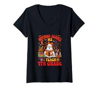 Women's Nothing Scares Proud I Teach 7th Grade Halloween Boo Teacher V-Neck T-Shirt