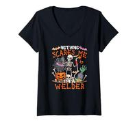 Womens Nothing Scares Proud I'm A Welder Halloween Skeleton V-Neck T-Shirt