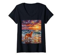 Women's Nova Scotia Duck Tolling Retriever at The Beach Dog Artwork V-Neck T-Shirt