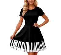 Women's Novelty 3D Piano Keys Print Swing Midi Dress Round Neck Short-Sleeve High Waist Flared A-Line Dress Music Lover Funny Casual Summer Holiday Music Festival Party Club Outfit