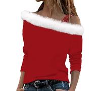 Women's Novelty Christmas Jumper Fluffy V Neck Sweatshirt Christmas Solid Color Tshirt Ladies Plush Collar Pullover Elegant Xmas Sweatshirts Long Sleeve Tunic Shirt Comfort Sweater Festival Blouse