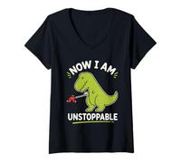 Women's Now I Am Unstoppable Dinosaur T Rex Funny V-Neck T-Shirt