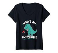 Women's Now I Am Unstoppable Dinosaur T Rex Funny V-Neck T-Shirt