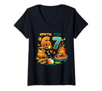 Women's Now I'm 6 Next Year I'll be 7 Capybara 67 Meme Kids Birthday V-Neck T-Shirt