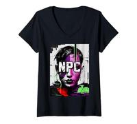 Womens NPC Glitch Dystopian Gamer Abstract Art V-Neck T-Shirt