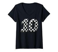 Women's Number 10 Checkered Flag Birthday Boy Race Car Party Pit Ten V-Neck T-Shirt