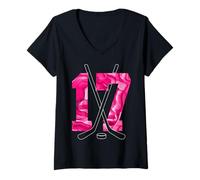 Womens Number 17 Years ICE Hockey 17TH Birthday V-Neck T-Shirt